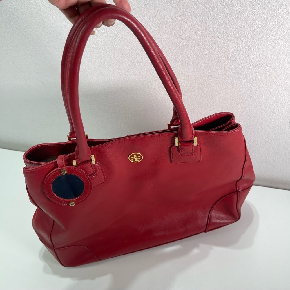 Tory Burch Logo Robinson Large Red Tote Bag Purse Double Compartment Mirror